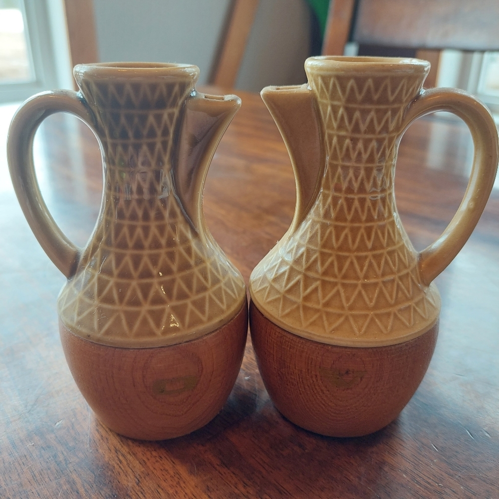 MCM Vintage Wood and Ceramic Oil And Vinegar Cruet Set No Corks